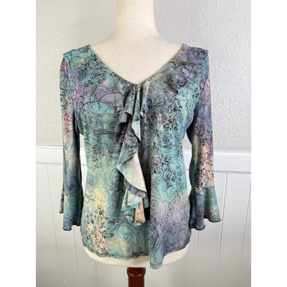 Vtg y2k Whimsical Fairy Ruffle Top P Small Blue Purple Feminine Floral Metallic